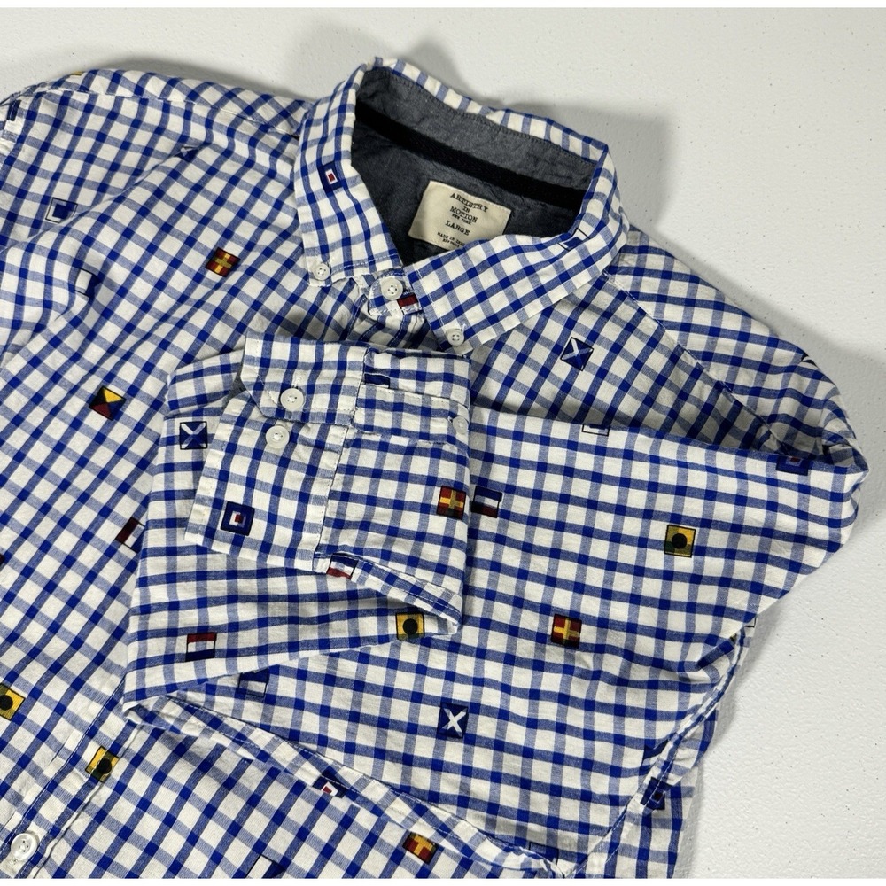 Artistry In Motion Gingham Button Down LS Shirt Blue Flags‎ Print Mens L